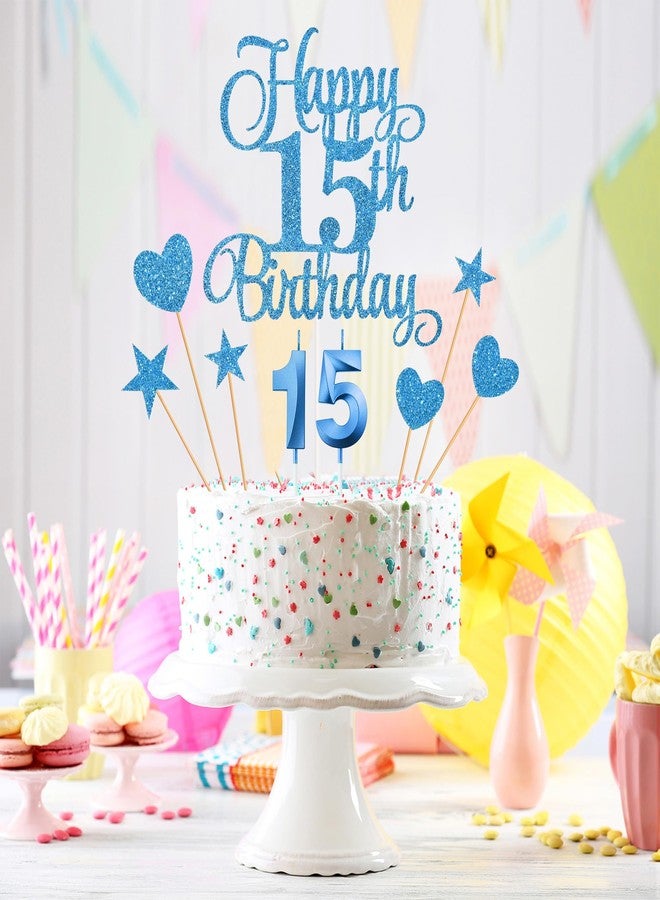 Lecferrarc 15th Birthday Cake Decorations, 15th Birthday Candles Cake Numeral Candles and Glitter Happy 15th Birthday Cake Toppers Set for Birthday Party Supplies (Blue) - Image 4
