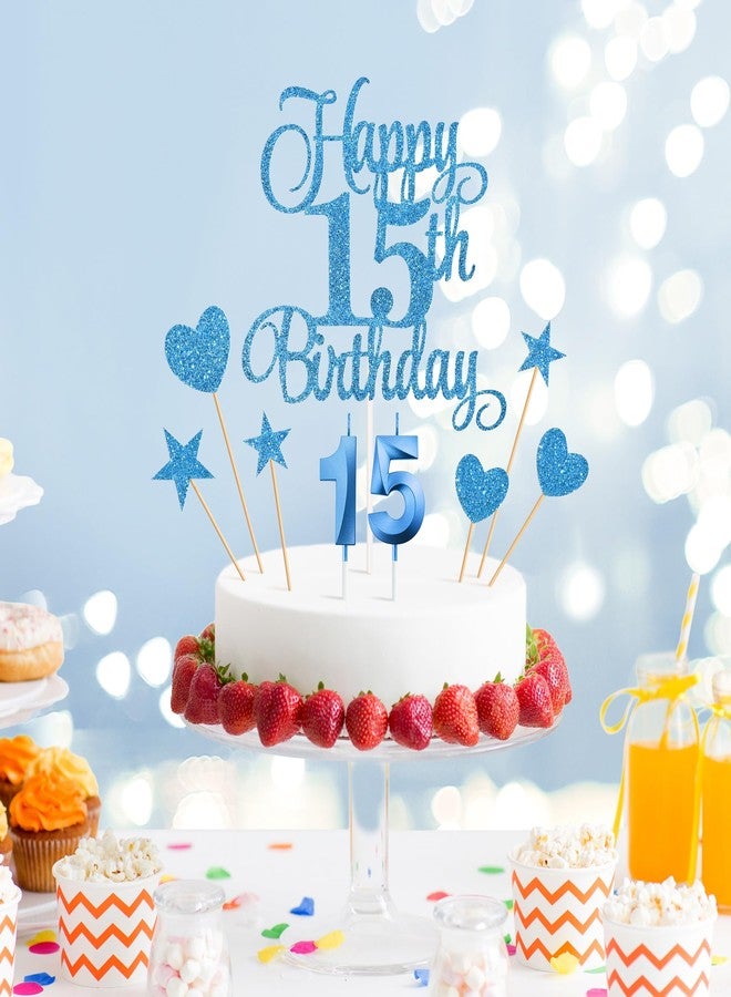 Lecferrarc 15th Birthday Cake Decorations, 15th Birthday Candles Cake Numeral Candles and Glitter Happy 15th Birthday Cake Toppers Set for Birthday Party Supplies (Blue) - Image 5