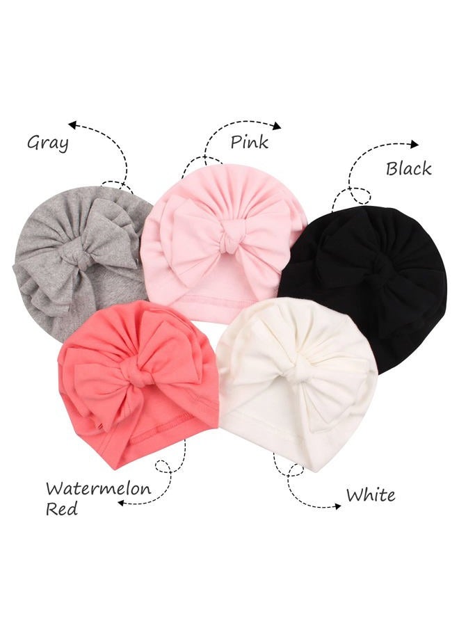 Peecabe Cotton Newborn Baby Hat Bow Cap for Baby Girls 0-6 Months Infant Beanie Spring Summer Autumn, 5pcs-a, 0-6 Months - Image 2