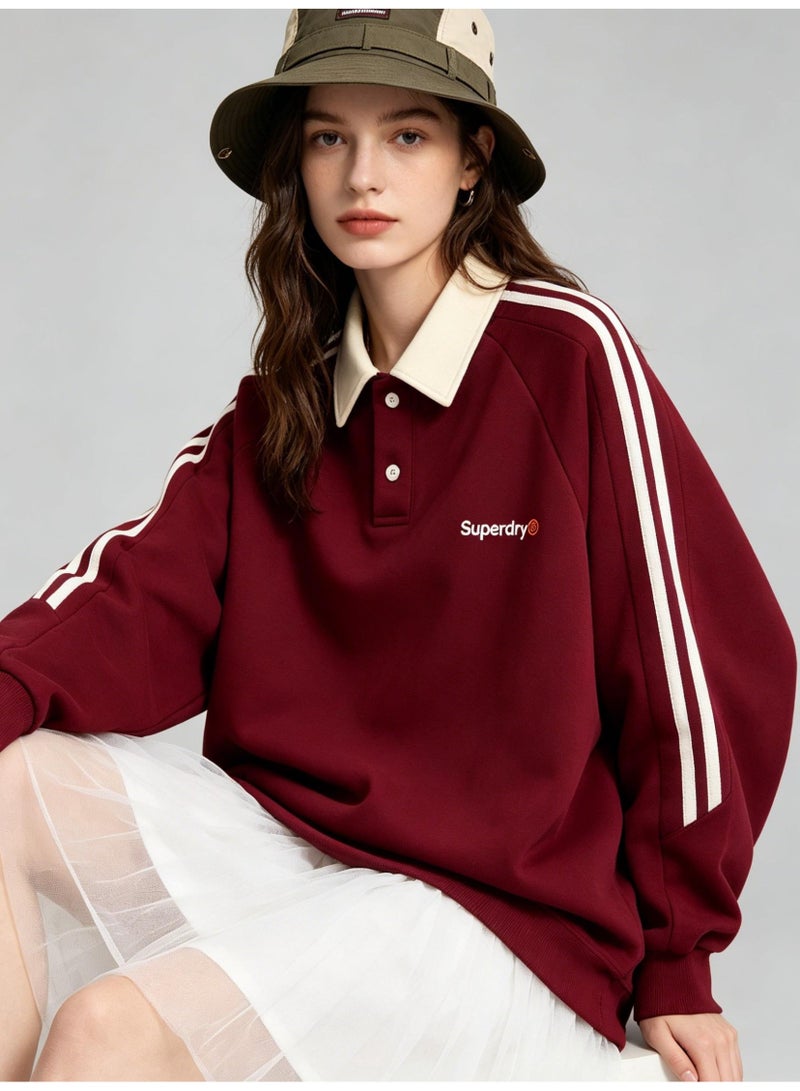 سوبر دراي Superdry Contrasting lapel sweatshirt unisex long sleeve polo shirt, striped sleeve polo collar sweatshirt with logo printing. - Image 2