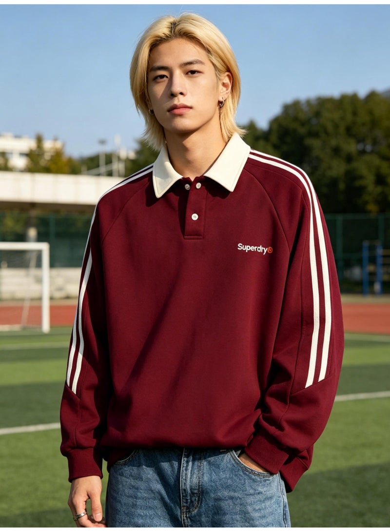 سوبر دراي Superdry Contrasting lapel sweatshirt unisex long sleeve polo shirt, striped sleeve polo collar sweatshirt with logo printing. - Image 5