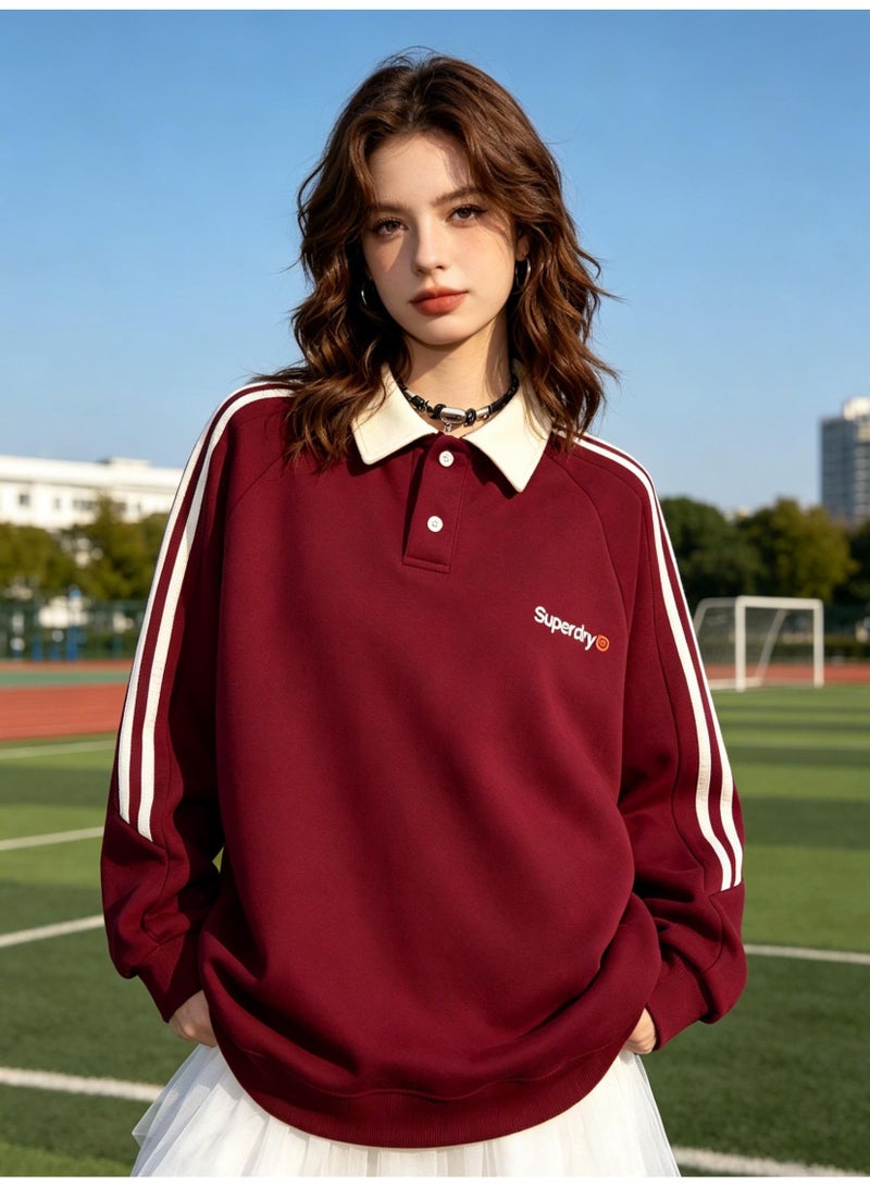 سوبر دراي Superdry Contrasting lapel sweatshirt unisex long sleeve polo shirt, striped sleeve polo collar sweatshirt with logo printing. - Image 4