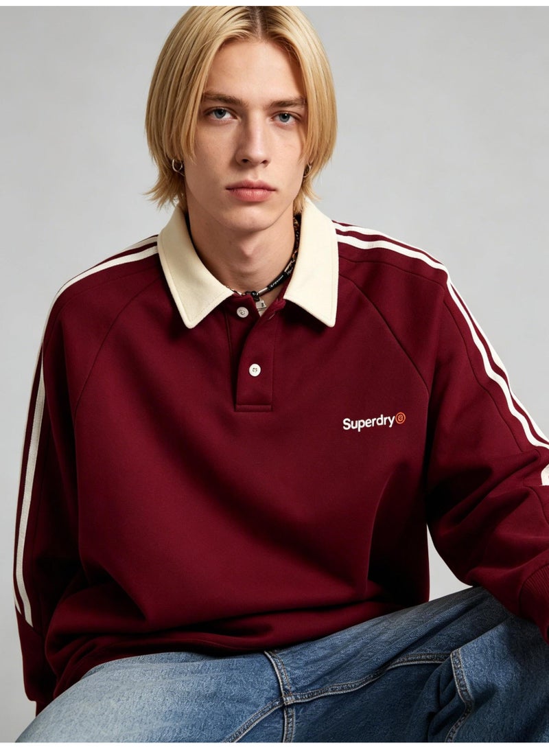 سوبر دراي Superdry Contrasting lapel sweatshirt unisex long sleeve polo shirt, striped sleeve polo collar sweatshirt with logo printing. - Image 1