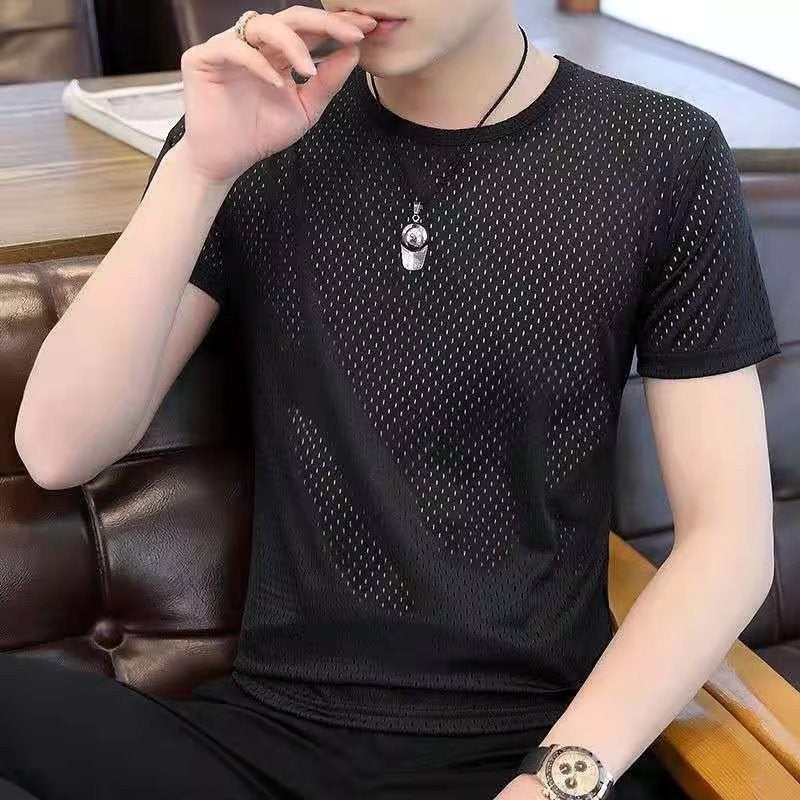 Summer Men'S Ice-Feel Large Mesh Sports Short-Sleeved T-Shirt Quick-Drying Breathable Ice Silk High-Elastic Loose Cut Out - Image 5