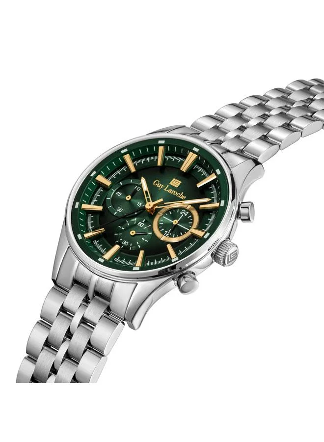 Guy Laroche Richard Green Dial Silver Metal Bracelet Chronograph Watch for Men 43mm