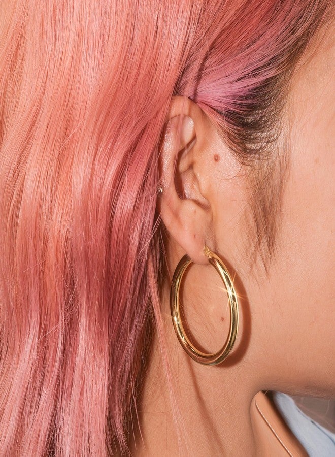 أليكس كرافت أقراط حلقية من الذهب عيار 14 قيراطًا للنساء، عصرية، مصنوعة من الفضة الإسترليني عيار 925، حلقات سميكة، خفيفة الوزن، أقراط أنبوبية مجوفة، مضادة للحساسية، كبيرة 40 مم - Image 5