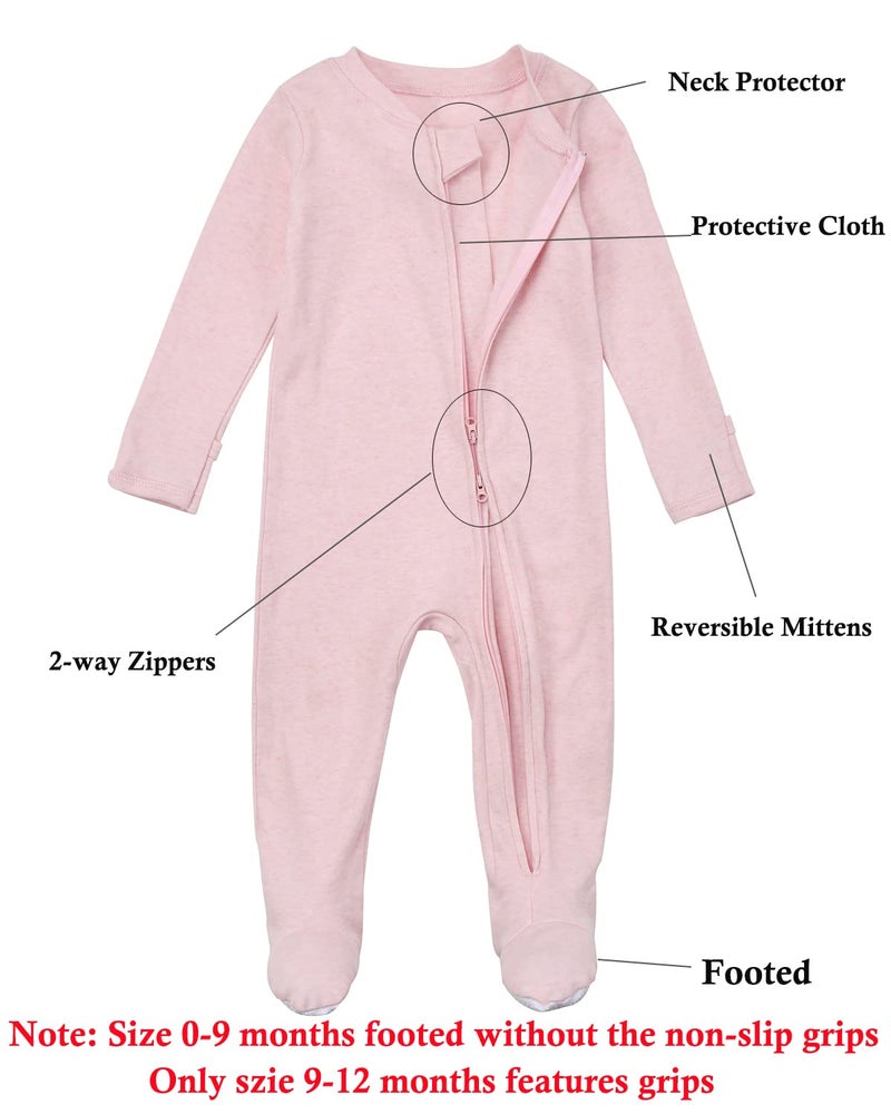 Aablexema Baby Footie Pajamas with Mittens - 3Pcs Infant Cotton Footed One Piece Sleepwear Outfits(Grey Khaki/Dot/Pink, 3-6M) - Image 2