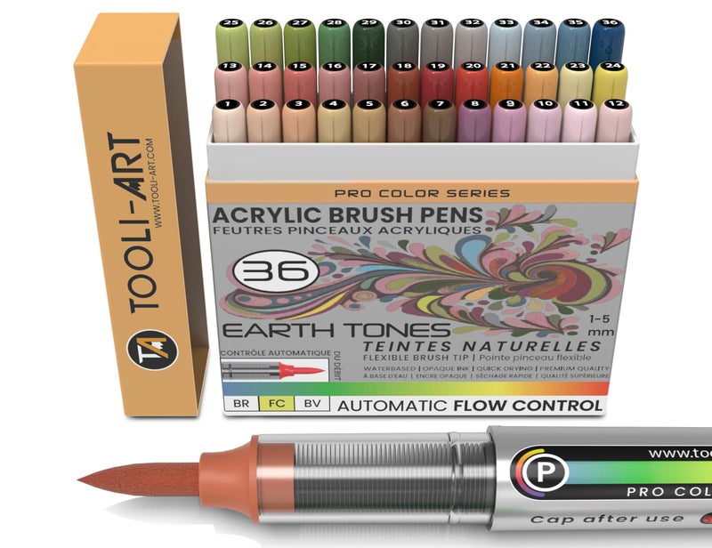 TOOLI-ART 36 Earth Tones Flexible Brush Tip Acrylic Paint Pens Automatic Flow Control 1-5mm Line for Rock Painting,Coloring, Lettering,Scrapbooking,Glass,Mugs,Wood,Metal,Canvas,Fabric,Plastic Waterbased - Image 1