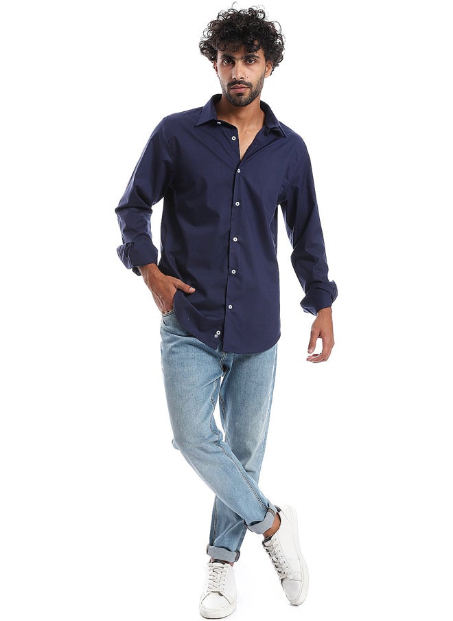 Andora - Plain Pattern Long Sleeves Buttons Down Shirt _ Navy Blue - Image 1