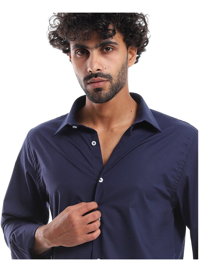 Andora - Plain Pattern Long Sleeves Buttons Down Shirt _ Navy Blue - Image 1