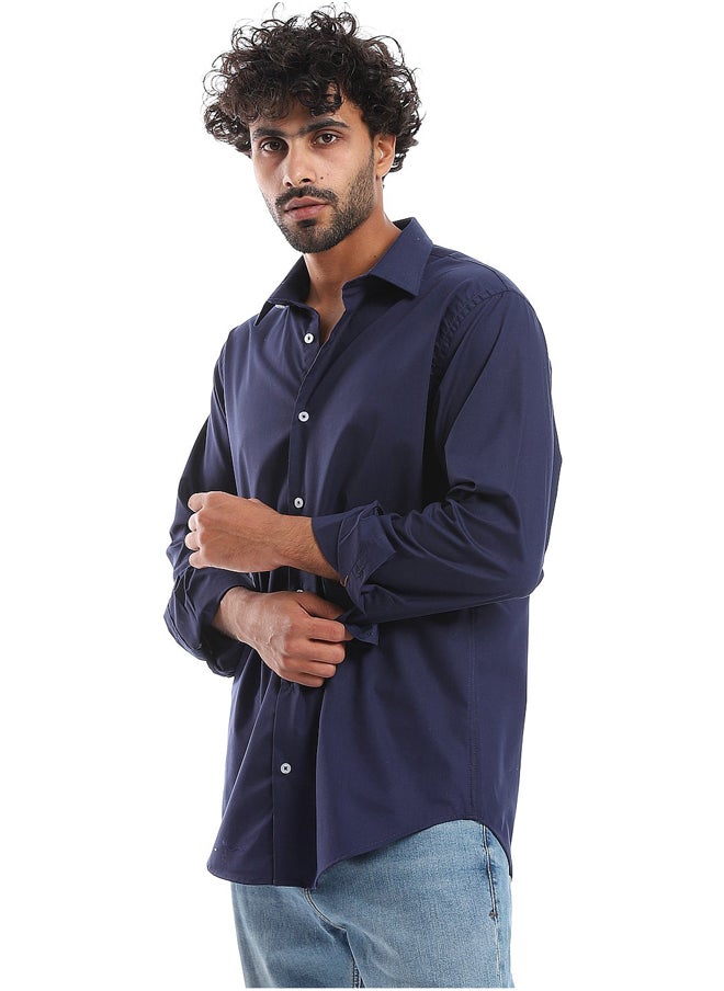 Andora - Plain Pattern Long Sleeves Buttons Down Shirt _ Navy Blue - Image 1