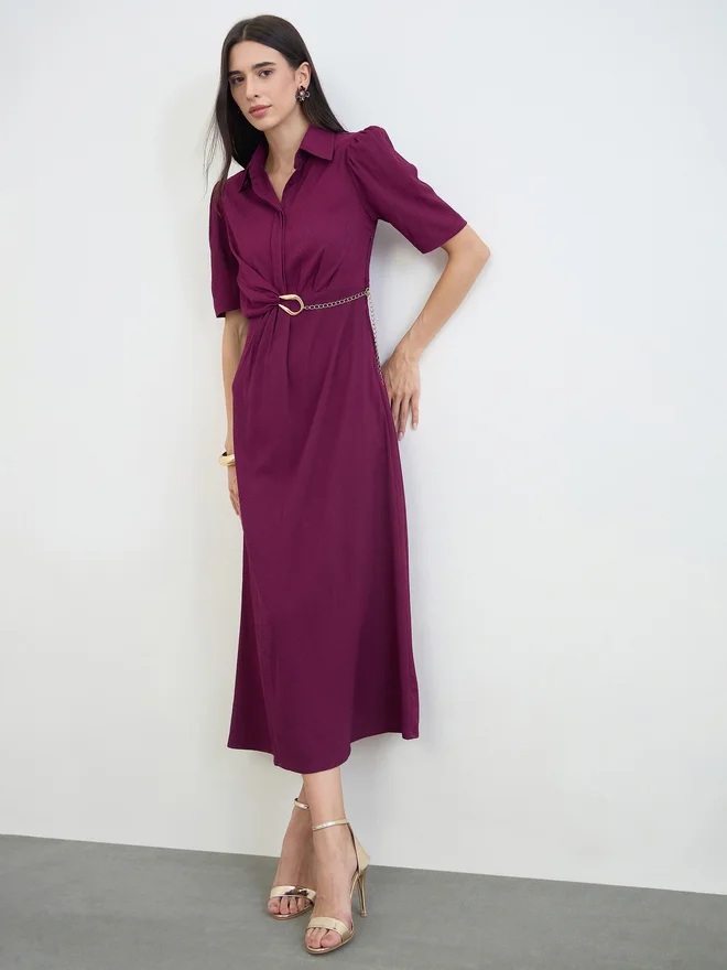 Styli Burgundy Puff Sleeve Shirt Maxi Dress with Chain Belt