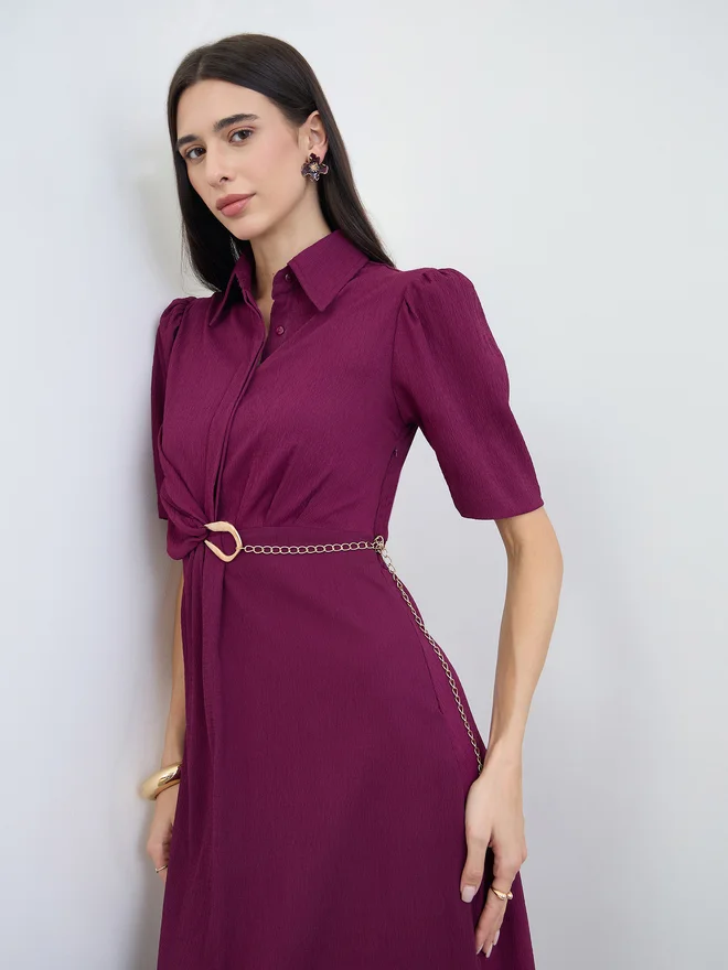Styli Burgundy Puff Sleeve Shirt Maxi Dress with Chain Belt