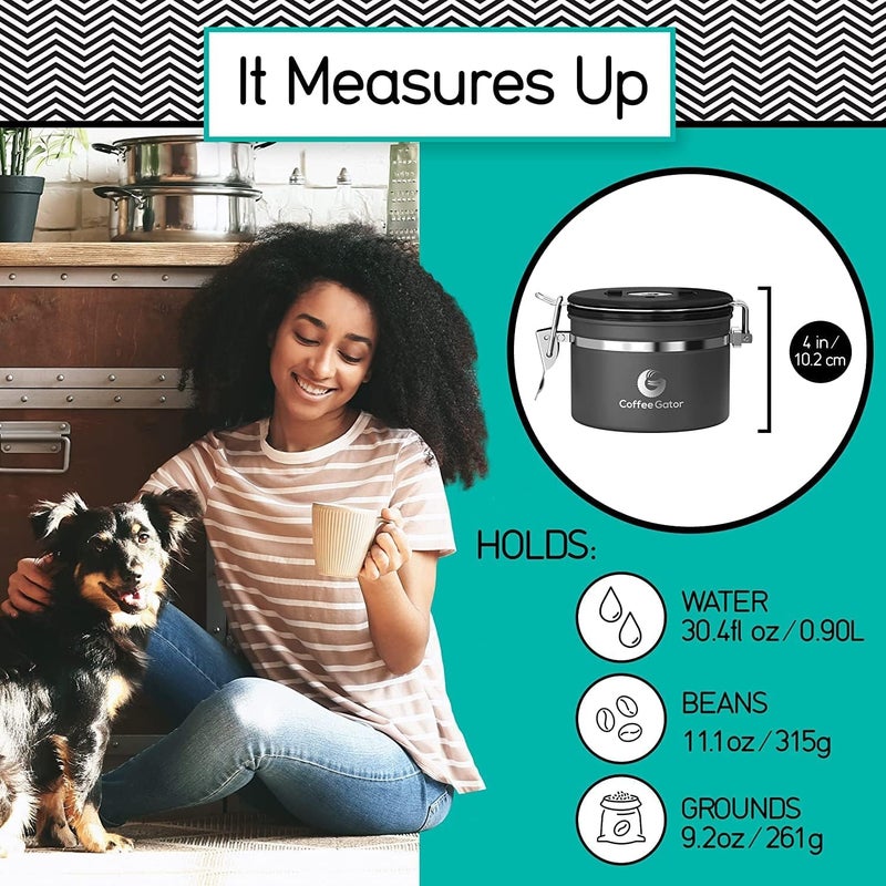 Coffee Gator Coffee Canister, 11oz Airtight Stainless Steel Kitchen Food Storage Container with Date-Tracker, CO2-Release Valve and Scoop for Beans, Grounds, Sugar, Cookies Jars, Tea, Cereal - Gray - Image 5