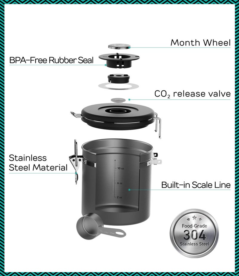 Coffee Gator Coffee Canister, 11oz Airtight Stainless Steel Kitchen Food Storage Container with Date-Tracker, CO2-Release Valve and Scoop for Beans, Grounds, Sugar, Cookies Jars, Tea, Cereal - Gray - Image 2