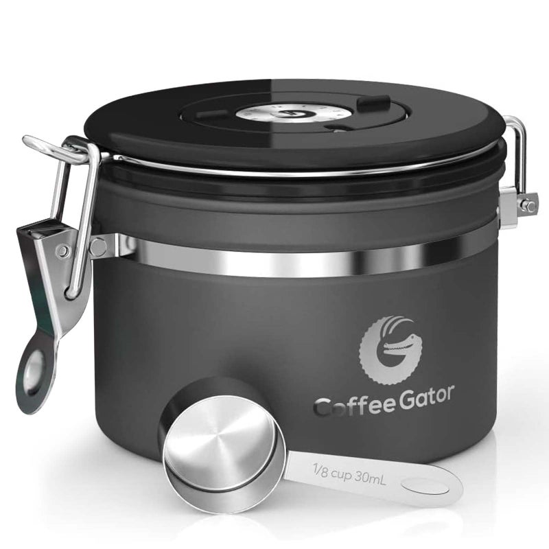 Coffee Gator Coffee Canister, 11oz Airtight Stainless Steel Kitchen Food Storage Container with Date-Tracker, CO2-Release Valve and Scoop for Beans, Grounds, Sugar, Cookies Jars, Tea, Cereal - Gray - Image 1