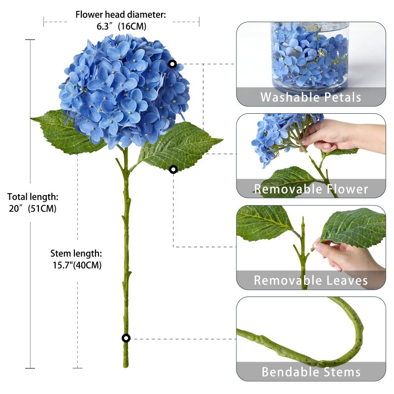 ZYTUYO 4 Pcs Royal Blue 20 inches Real Touch Hydrangea Artificial Flowers Boho Lifelike Real Looking Latex Hydrangeas Flower with Long Stem for Indoor Living Room Spring Home Decor Table Flower - Image 4