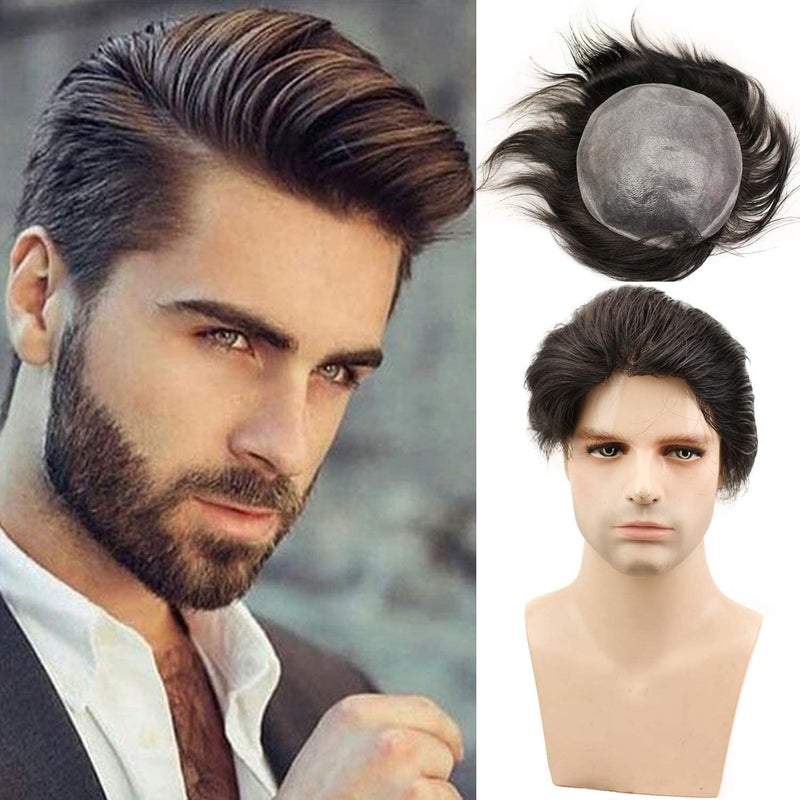 Voloria European Virgin human Hairpiece for Mens Toupee Ultra Transparent Thin Skin PU Replacement Hair Pieces 10x8 Base Size 1B Black Color