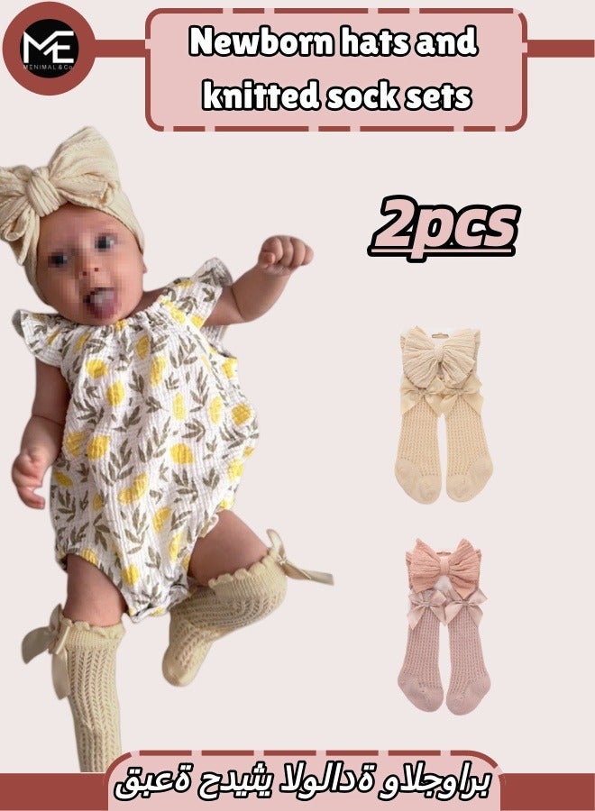 me-nimal 2-Pack Baby Girl Headband & Non-Slip Socks Set - Floral Bow Headwrap + Anti-Skid Cotton Socks for Newborn Infant Toddler Gift - Image 1