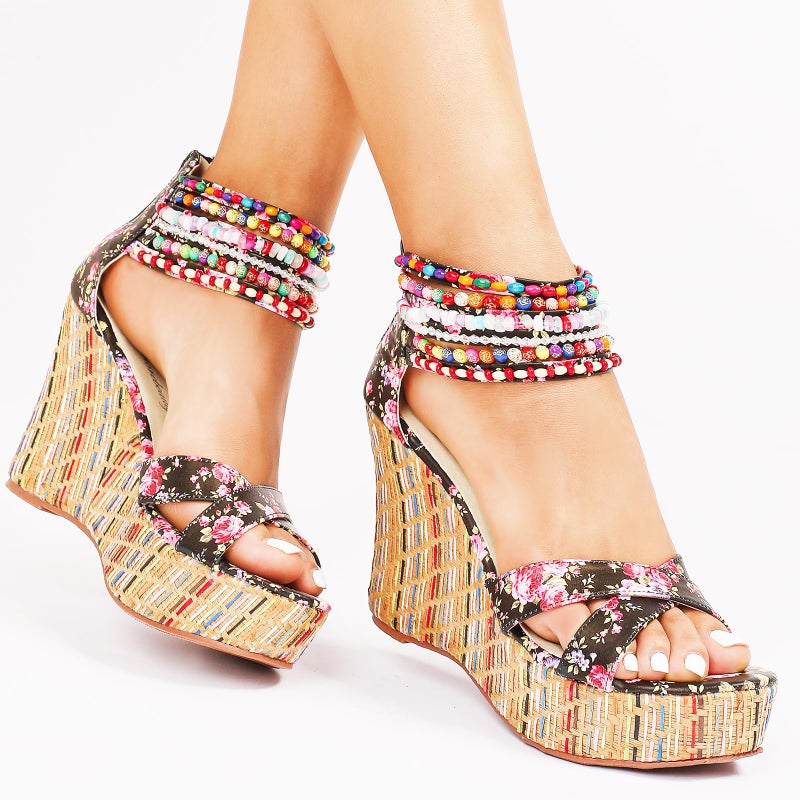 getmorebeauty Women's Wedge Sandals With Pearls Across The Top Platform Sandals Flower High Heels (US 8, Flower) - Image 2