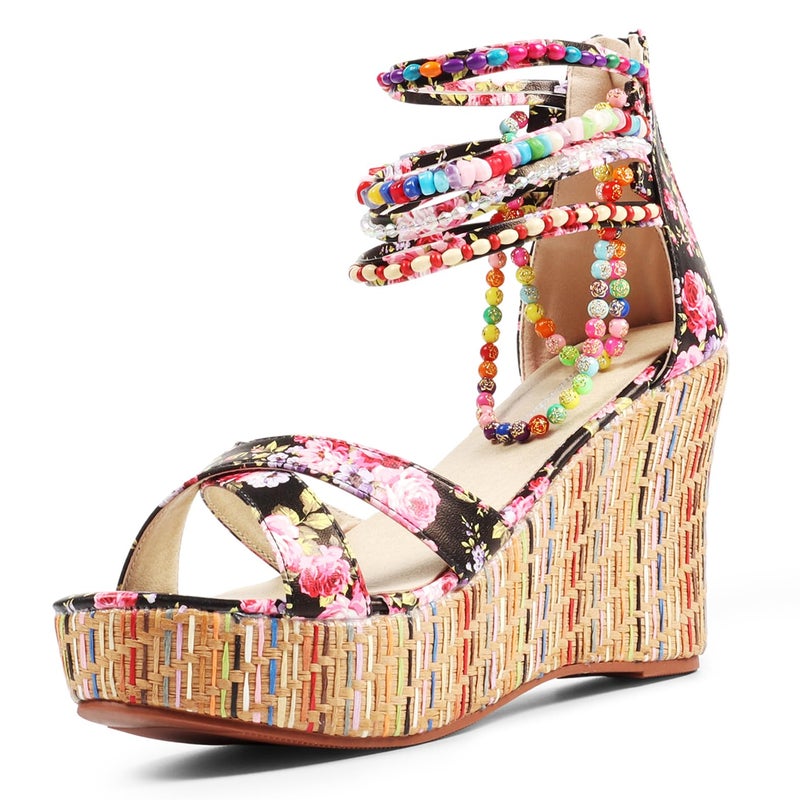 getmorebeauty Women's Wedge Sandals With Pearls Across The Top Platform Sandals Flower High Heels (US 8, Flower) - Image 1