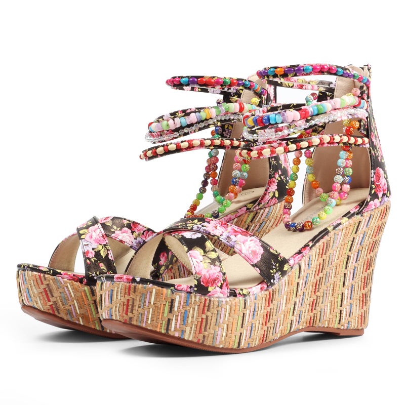 getmorebeauty Women's Wedge Sandals With Pearls Across The Top Platform Sandals Flower High Heels (US 8, Flower) - Image 3