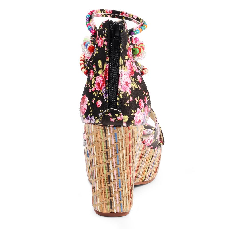 getmorebeauty Women's Wedge Sandals With Pearls Across The Top Platform Sandals Flower High Heels (US 8, Flower) - Image 5