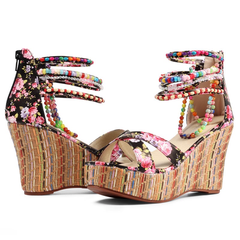 getmorebeauty Women's Wedge Sandals With Pearls Across The Top Platform Sandals Flower High Heels (US 8, Flower) - Image 4