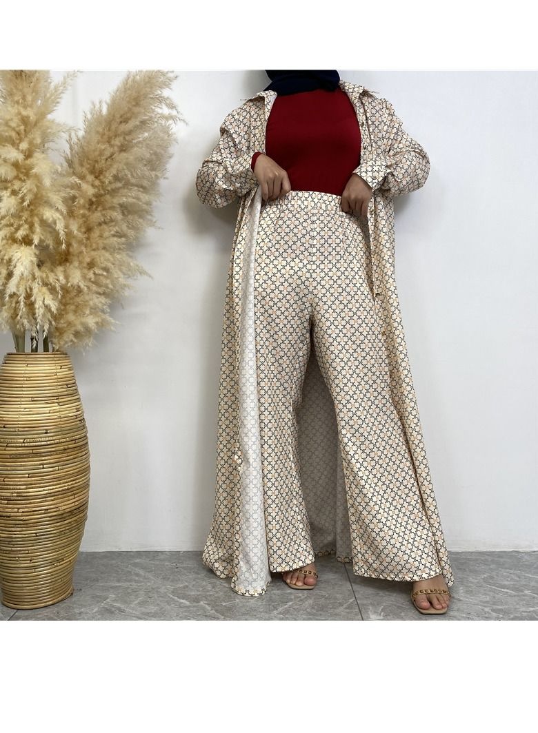 Loquat 2-Piece Fashion Printed Satin Button Long Cardigan Pocket Pants Set Beige  - Image 1