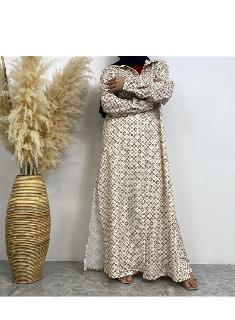 Loquat 2-Piece Fashion Printed Satin Button Long Cardigan Pocket Pants Set Beige  - Image 4