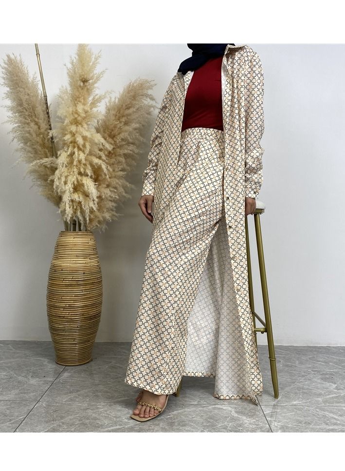 Loquat 2-Piece Fashion Printed Satin Button Long Cardigan Pocket Pants Set Beige  - Image 2