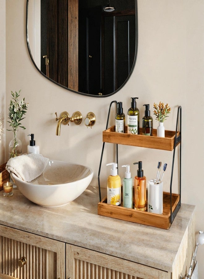 DEMIGO Acacia Bathroom Organizer Countertop 13.6 x 14 x 6.7 inches, 2-Tier Wood Counter Standing Rack, Countertop Storage Shelf for Organizing Bathroom Kitchen Office Desk Vanity Cosmetic Balcony - Image 2