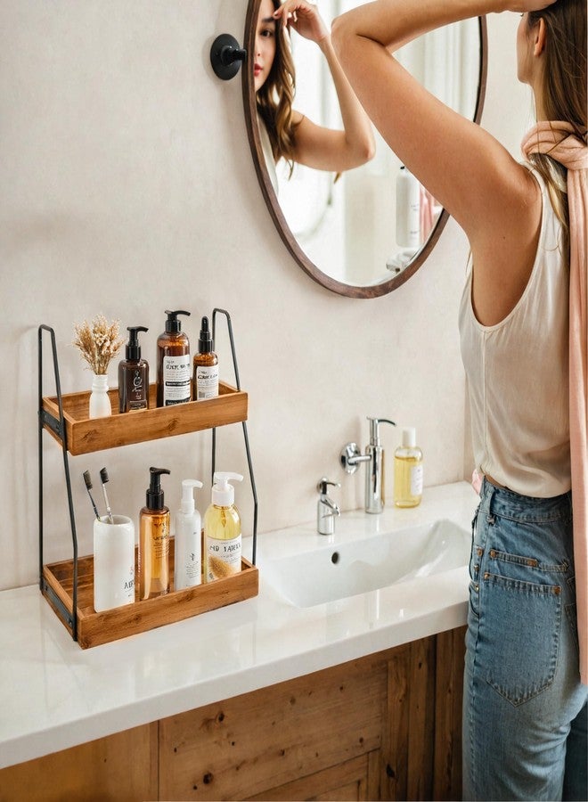 DEMIGO Acacia Bathroom Organizer Countertop 13.6 x 14 x 6.7 inches, 2-Tier Wood Counter Standing Rack, Countertop Storage Shelf for Organizing Bathroom Kitchen Office Desk Vanity Cosmetic Balcony - Image 3