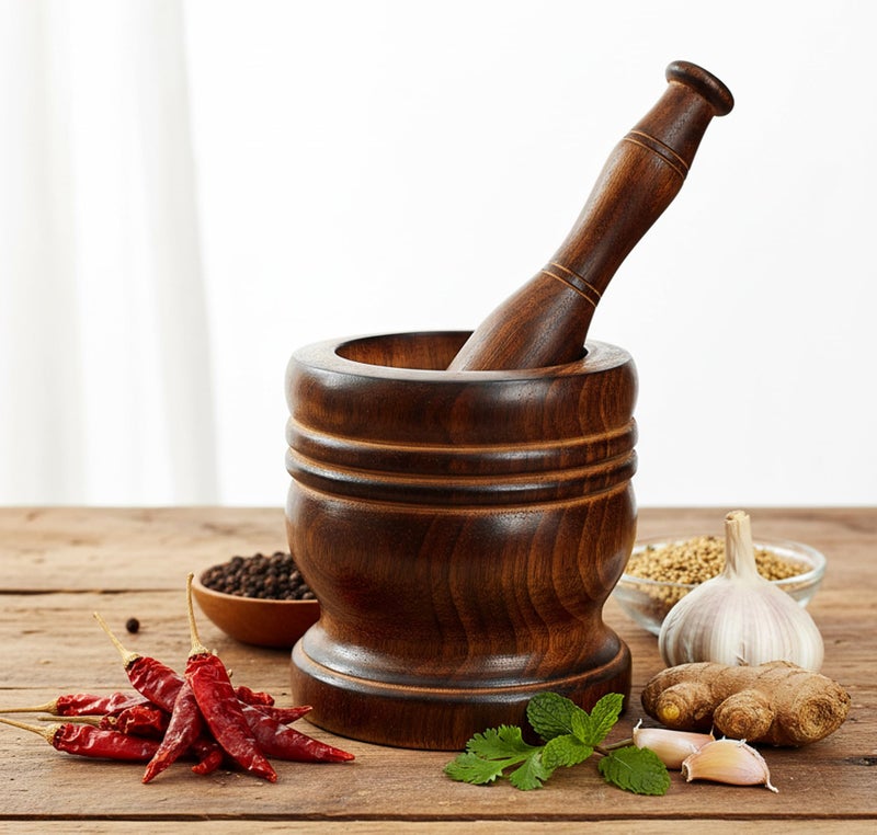 KLEO Wooden Grinder Masher for Spices & Medicine | Okhli Musal Set | Mortar Pestle Set | Imaam Dasta, Kharal, Khalbatta for Kitchen (Brown, 5" Inches) - Image 1