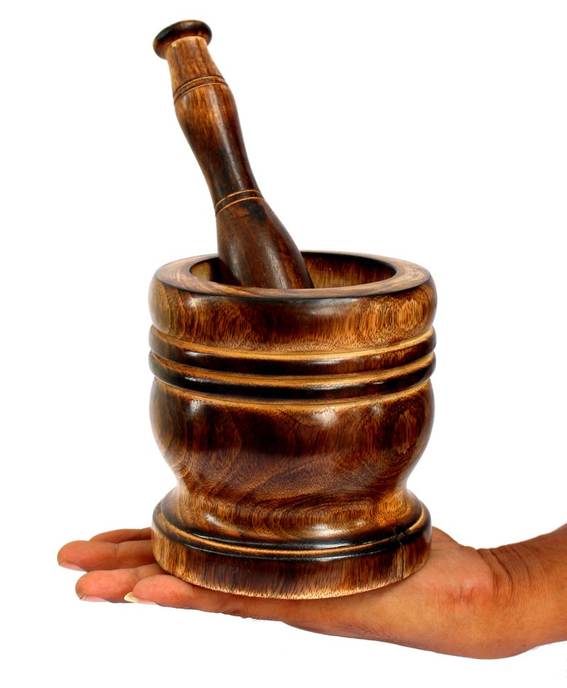 KLEO Wooden Grinder Masher for Spices & Medicine | Okhli Musal Set | Mortar Pestle Set | Imaam Dasta, Kharal, Khalbatta for Kitchen (Brown, 5" Inches) - Image 4