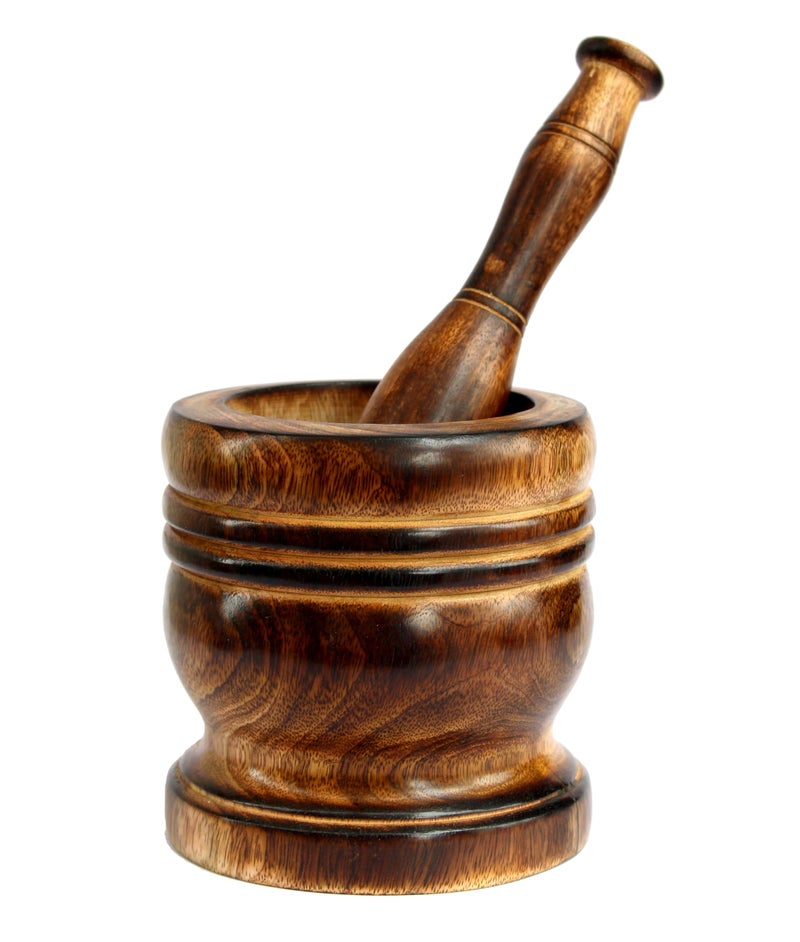 KLEO Wooden Grinder Masher for Spices & Medicine | Okhli Musal Set | Mortar Pestle Set | Imaam Dasta, Kharal, Khalbatta for Kitchen (Brown, 5" Inches) - Image 3