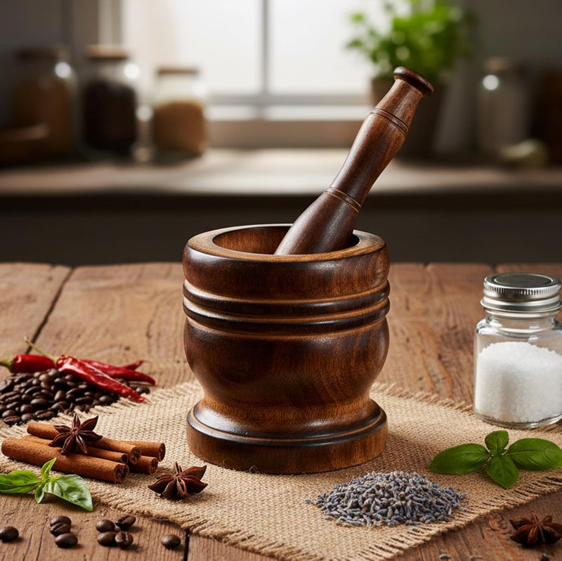 KLEO Wooden Grinder Masher for Spices & Medicine | Okhli Musal Set | Mortar Pestle Set | Imaam Dasta, Kharal, Khalbatta for Kitchen (Brown, 5" Inches) - Image 2
