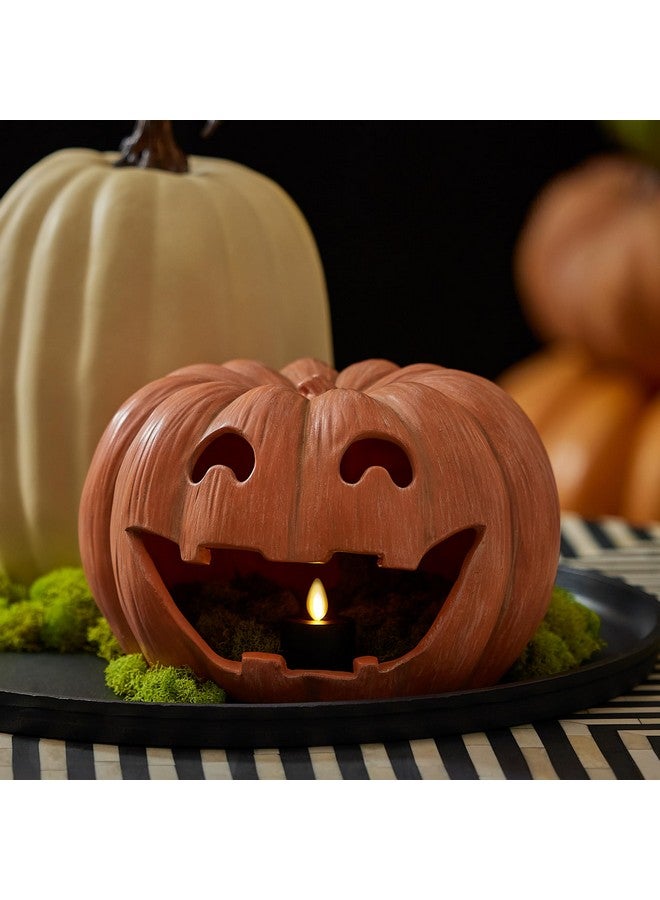 LUMINARA Luminara Jack-o'-Lantern Pumpkin Tealight Holder - Orange 10" x 6.75" - Halloween Dry Brush Resin Fall Home Autumn Harvest Festival Party Decor  - Image 2