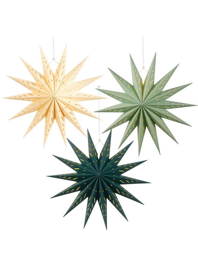 Easy Joy 3Pcs 14-Pointed 18 Inch Paper Star Decorations Christmas Party Decorations Sage Green Yellow Hanging Star Decoration Hanging Lamp Shade for Christmas Home New Year Party - Image 1