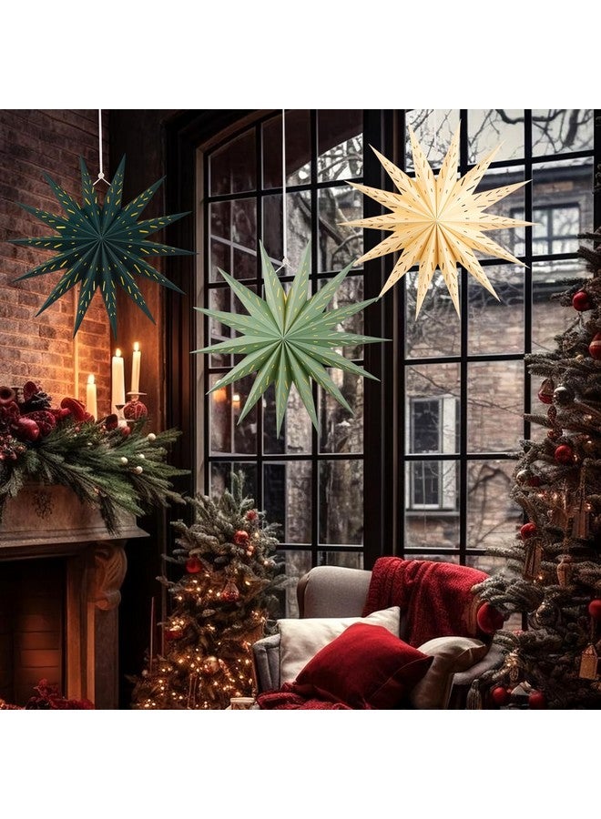 Easy Joy 3Pcs 14-Pointed 18 Inch Paper Star Decorations Christmas Party Decorations Sage Green Yellow Hanging Star Decoration Hanging Lamp Shade for Christmas Home New Year Party - Image 4