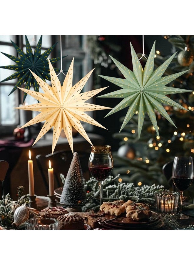 Easy Joy 3Pcs 14-Pointed 18 Inch Paper Star Decorations Christmas Party Decorations Sage Green Yellow Hanging Star Decoration Hanging Lamp Shade for Christmas Home New Year Party - Image 5