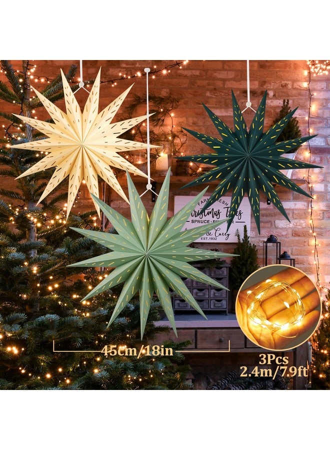 Easy Joy 3Pcs 14-Pointed 18 Inch Paper Star Decorations Christmas Party Decorations Sage Green Yellow Hanging Star Decoration Hanging Lamp Shade for Christmas Home New Year Party - Image 2