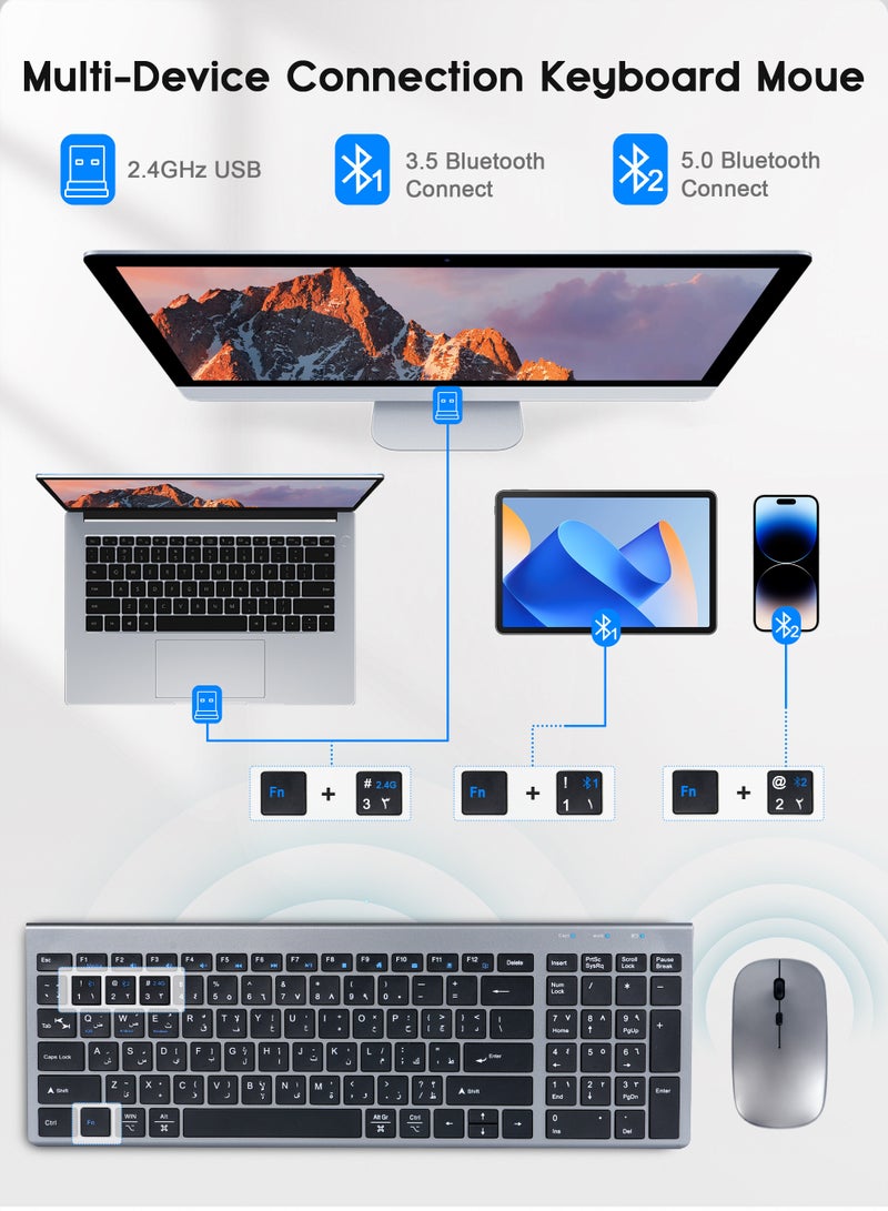 Necomi Arabic/English Wireless Keyboard and Mouse Combo, Slim Wireless Bluetooth Keyboard & Mouse Combo, Bluetooth & 2.4GHz, Whisper-Quiet, Rechargeable Thin Compact, PC/Laptop/Windows/Mac - Image 2