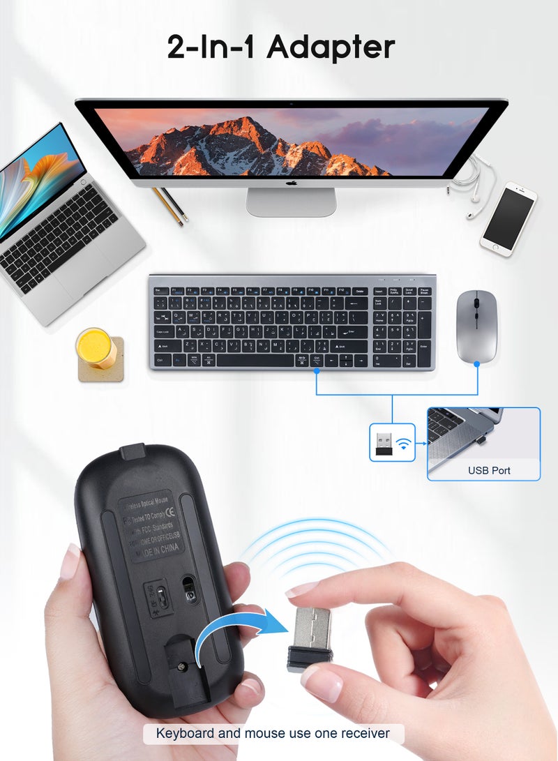 Necomi Arabic/English Wireless Keyboard and Mouse Combo, Slim Wireless Bluetooth Keyboard & Mouse Combo, Bluetooth & 2.4GHz, Whisper-Quiet, Rechargeable Thin Compact, PC/Laptop/Windows/Mac - Image 3