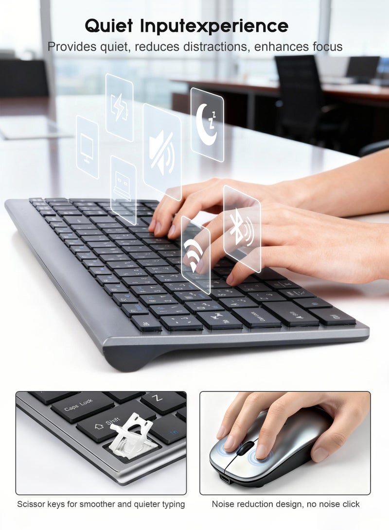Necomi Arabic/English Wireless Keyboard and Mouse Combo, Slim Wireless Bluetooth Keyboard & Mouse Combo, Bluetooth & 2.4GHz, Whisper-Quiet, Rechargeable Thin Compact, PC/Laptop/Windows/Mac - Image 4