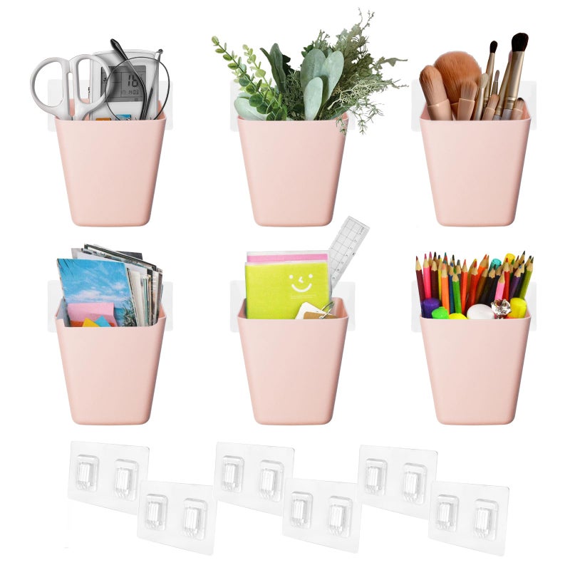LIGHT DUST Wall Caddy Pen Holders, 6 Pack Large Pencil Cups Organizer for Marker / Remote / Crayon / White Board Accessories, with Adhesive Stickers, Office Home Craft Class Kids Room Art Organization (Pink) - Image 1