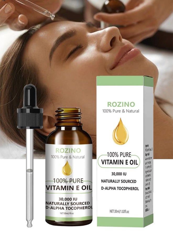روزينو زيت فيتامين E للوجه، 100% زيت فيتامين E نقي، زيوت وجه عضوية بفيتامين E للوجه مضادة للتقدم في العمر تقلل الخطوط الدقيقة والتجاعيد، زيت فيتامين E للوجه لترطيب البشرة والشعر والشفاه، إصلاح البشرة، حجم 30 مل - Image 1