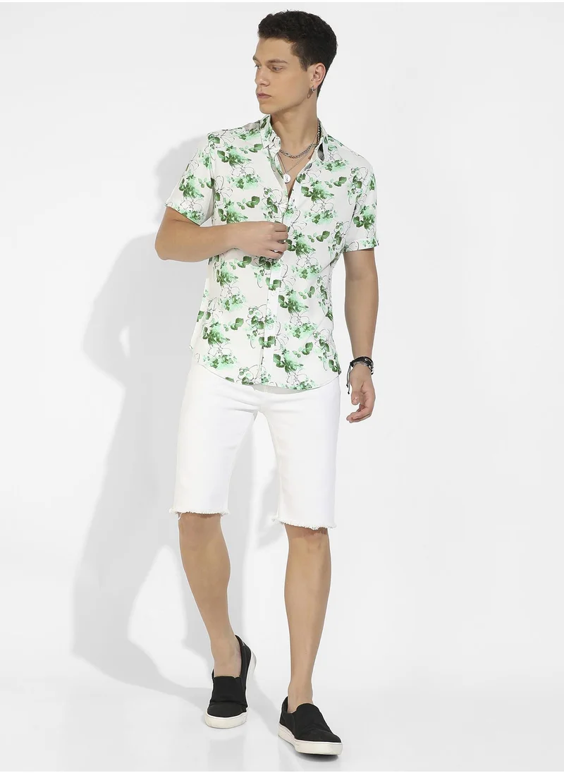 Campus Sutra Men's Green & White Botanical Strokes Shirt
