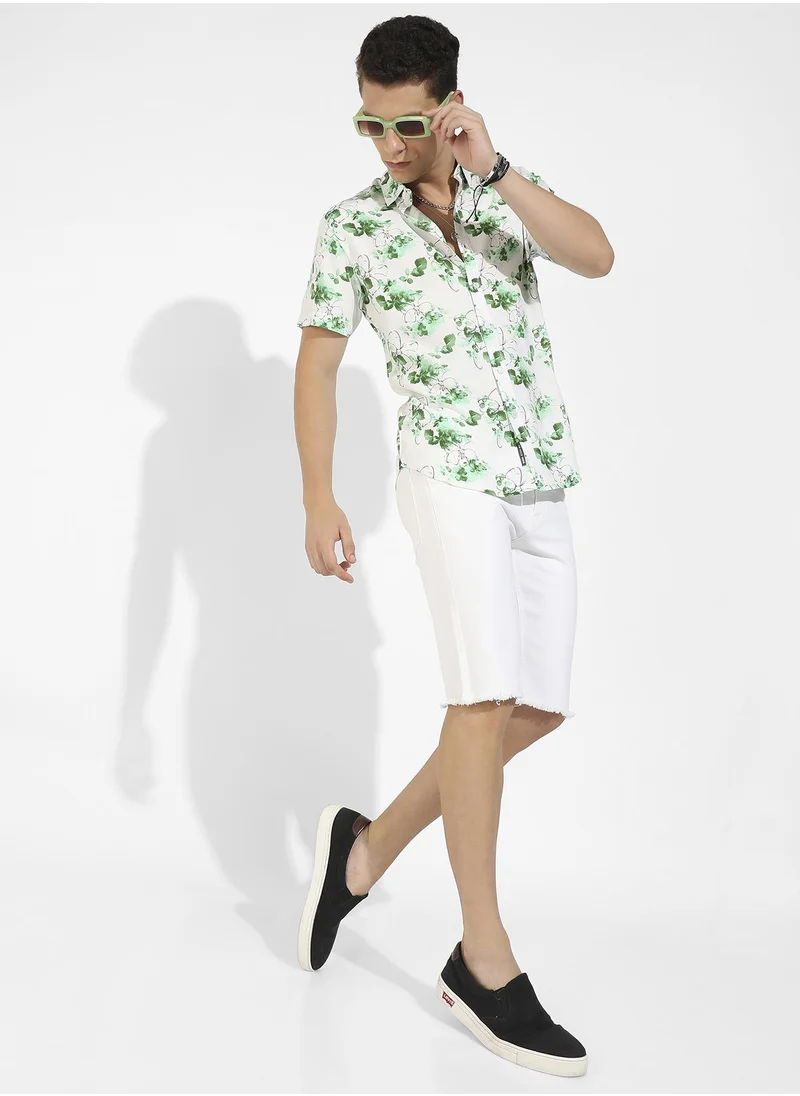 Campus Sutra Men's Green & White Botanical Strokes Shirt