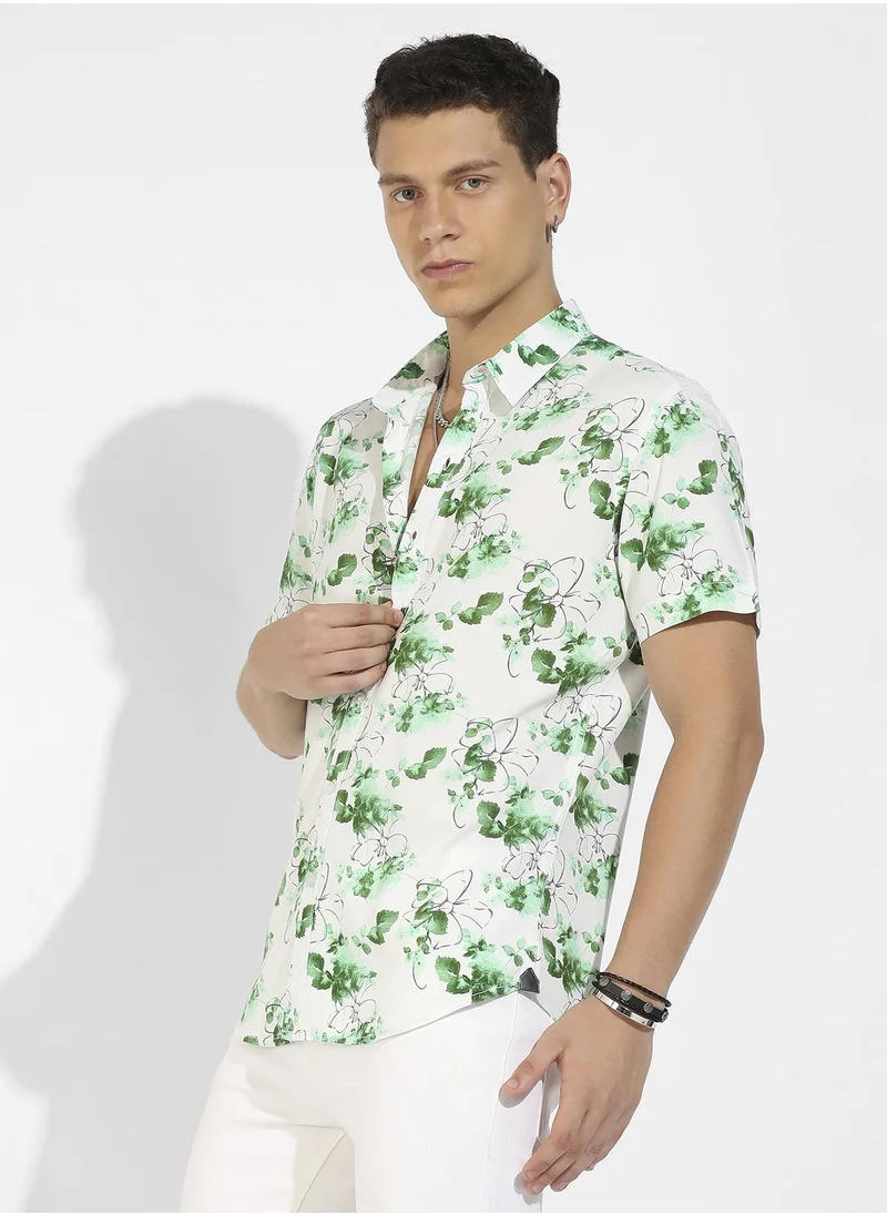 Campus Sutra Men's Green & White Botanical Strokes Shirt